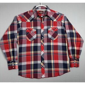 Vintage Wrangler Red Blue Plaid Pearl Snap Shirt Mens Large 90s Cowboy Western